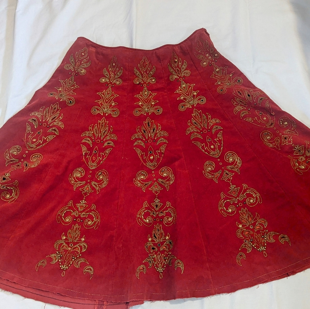 Basil & Maude Orange/Red Corduroy Embroidered A Line Skirt Sz 8 Boho